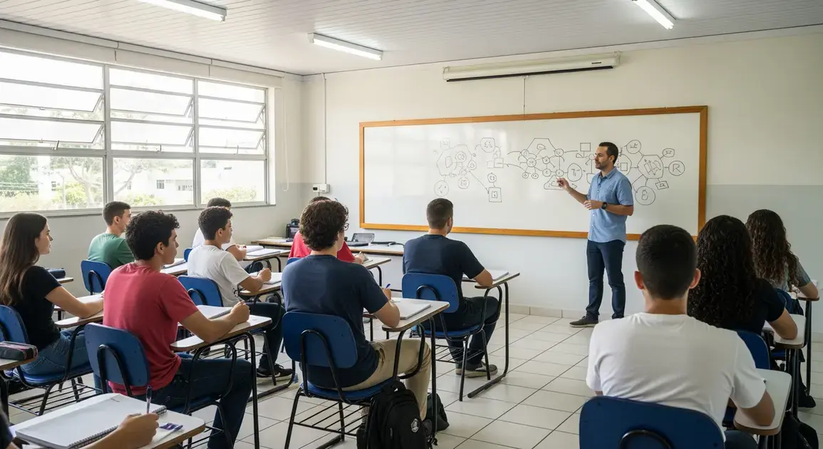 Sala de aula com alunos atentos e professor explicando na lousa, mesas e cadeiras dispostas em fileiras.