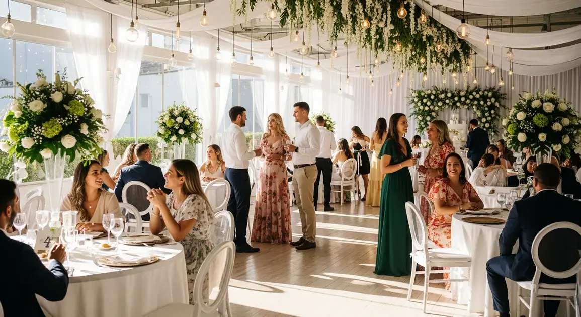 Ambiente de festa elegante com mesas decoradas, flores e pessoas socializando em um salão iluminado.