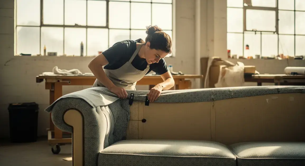 Mulher ajustando o tecido em um sofá em um ateliê de estofamento com luz natural.