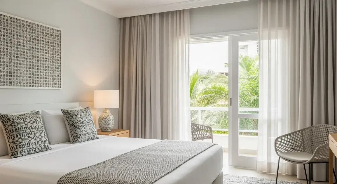 Quarto de hotel com cama de casal, cortinas claras e vista para plantas verdes do lado de fora.