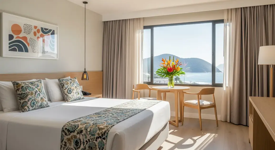 Quarto de hotel com cama de casal, mesa, cadeiras e vista para montanhas e mar. Decorado com flores e cortinas claras.