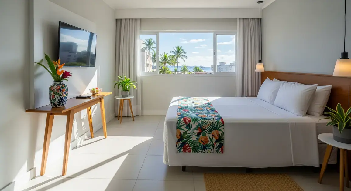 Quarto de hotel com cama grande, mesa de madeira, plantas e vista para o mar através da janela.
