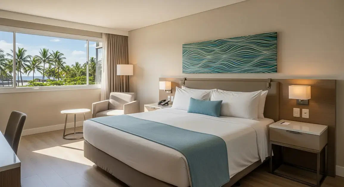 Quarto de hotel com cama de casal, mesa, cadeira e janela com vista para palmeiras.