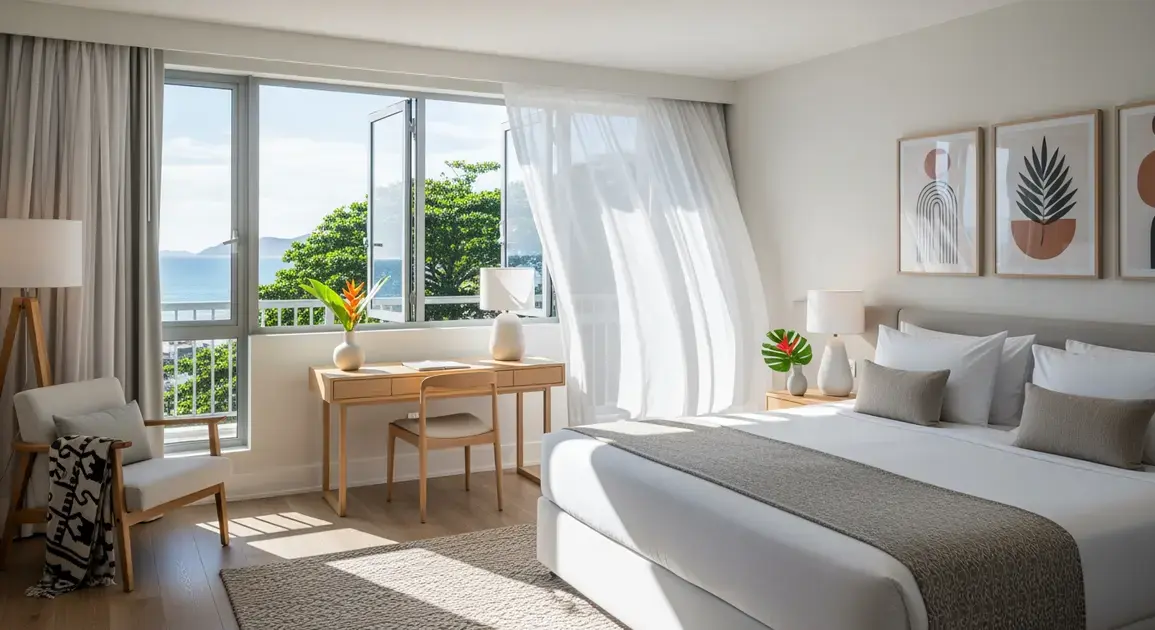 Quarto moderno com cama grande, mesa de trabalho, janelas abertas e vista para o mar e árvores.