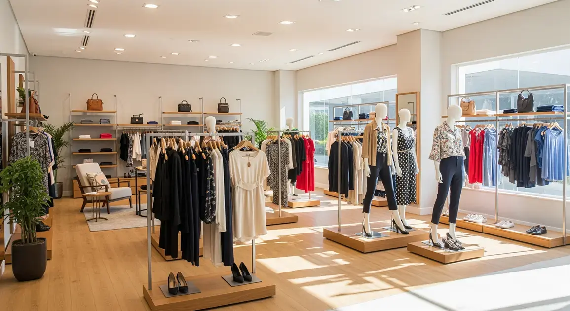Loja de roupas com manequins exibindo diversas peças femininas e prateleiras organizadas com roupas e acessórios.