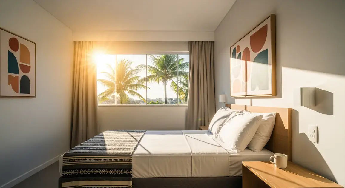 Quarto iluminado pelo sol com cama, mesa e janelas com vista para palmeiras.