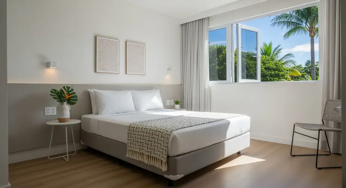 Quarto com cama de casal, mesa lateral, janela com vista para árvores e decoração minimalista.