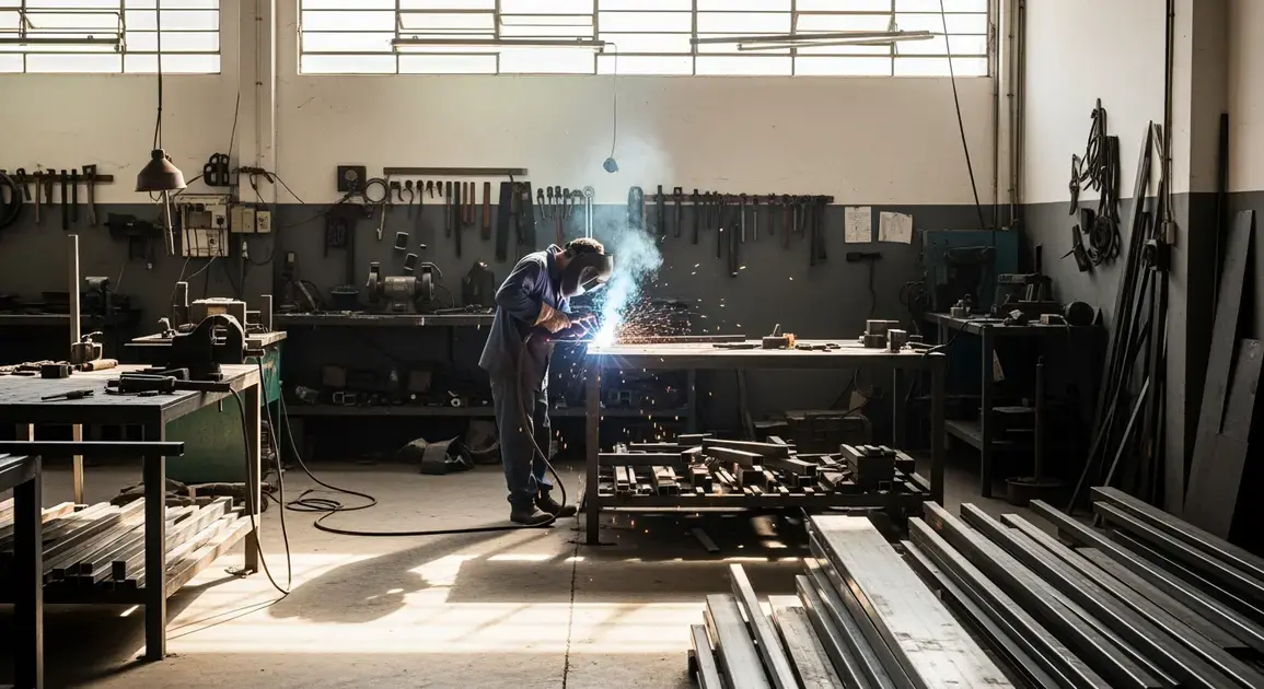 Homem soldando metal em uma serralheria, com ferramentas e materiais ao fundo. Luzes e faíscas visíveis.