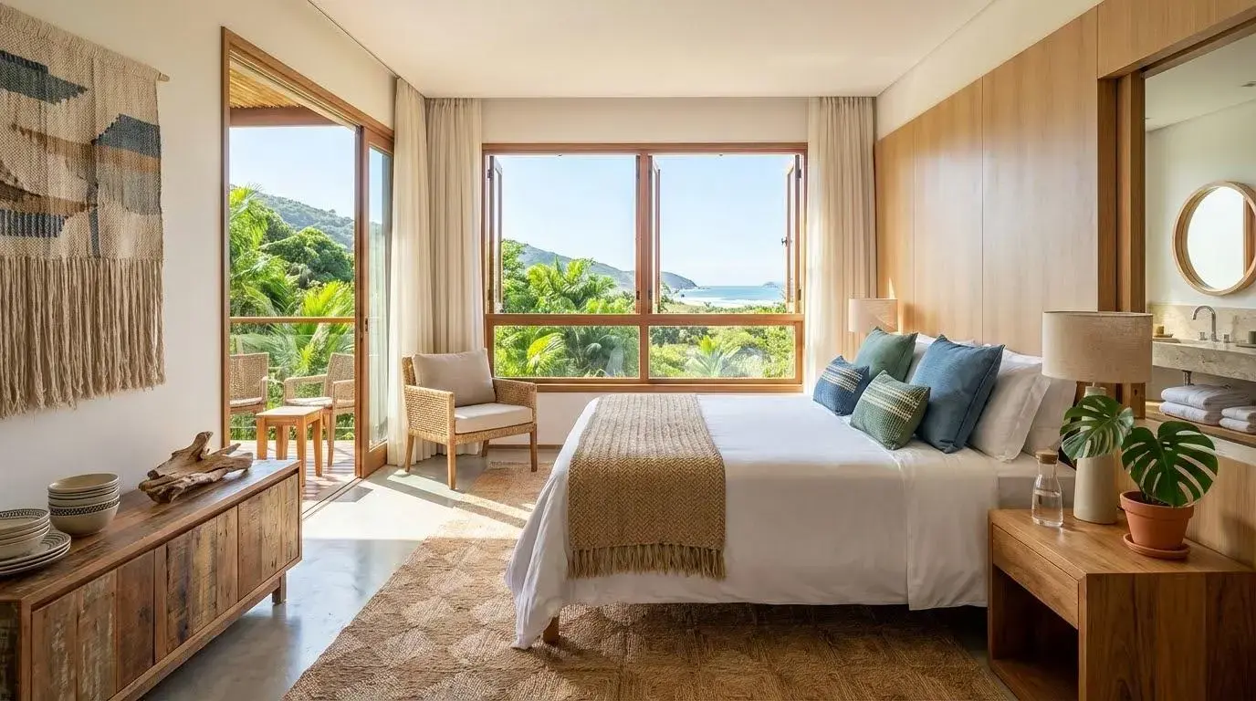 Quarto aconchegante com cama, janelas amplas e vista para a natureza, decorado em tons neutros e verdes.