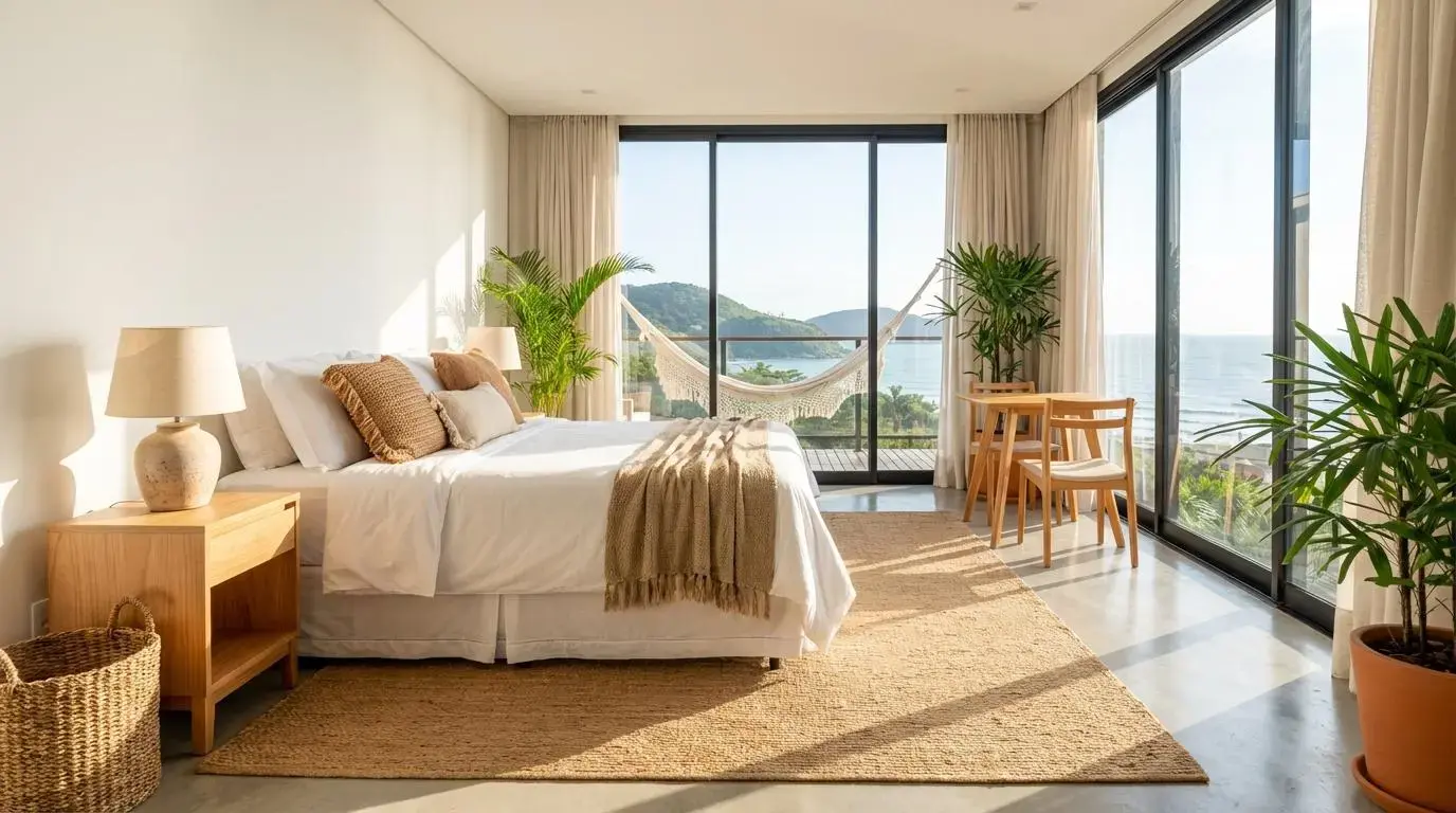 Quarto iluminado com cama de casal, mesa, cadeiras e vista para o mar, decorado com plantas e tapete.