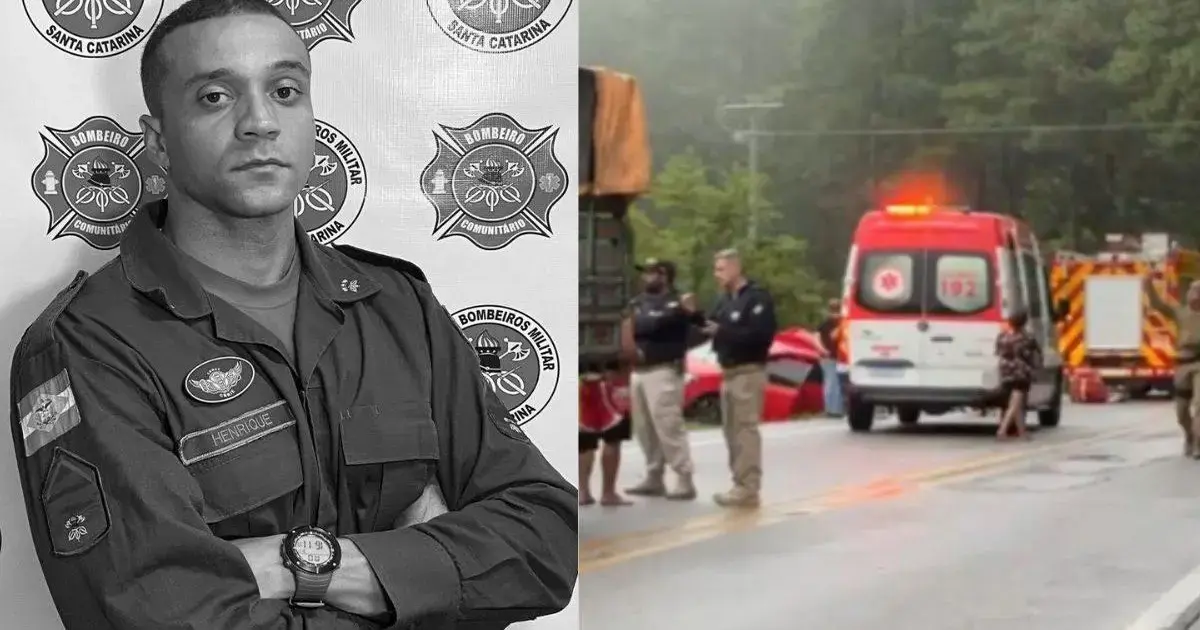 Bombeiro militar em uniforme e cena de acidente com ambulância e viaturas na BR-282, em meio a neblina.