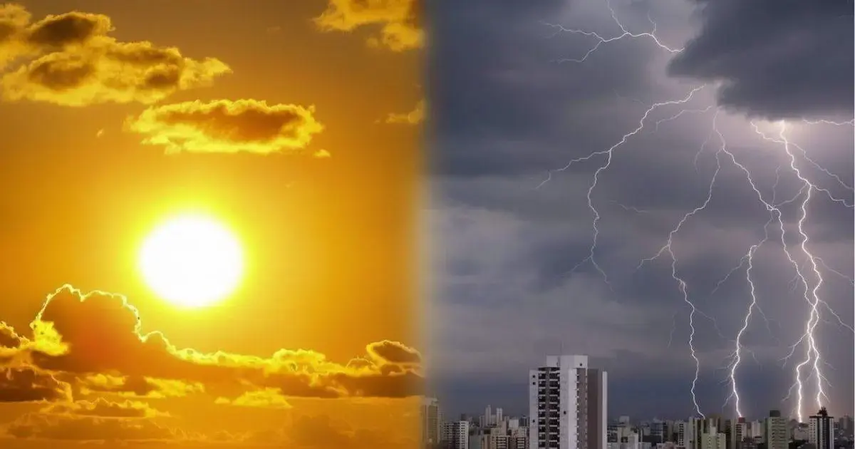 Sol forte à esquerda e tempestade com relâmpagos à direita, representando clima extremo em Santa Catarina.