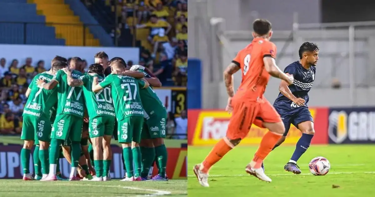 Jogadores da Chapecoense em círculo e atleta do Barra em ação durante a final do Campeonato Catarinense.