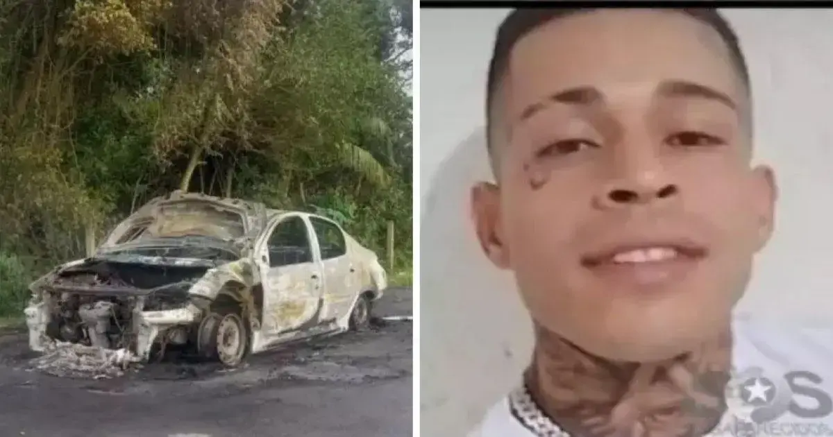Carro queimado em estrada e retrato de jovem com tatuagens sorrindo.