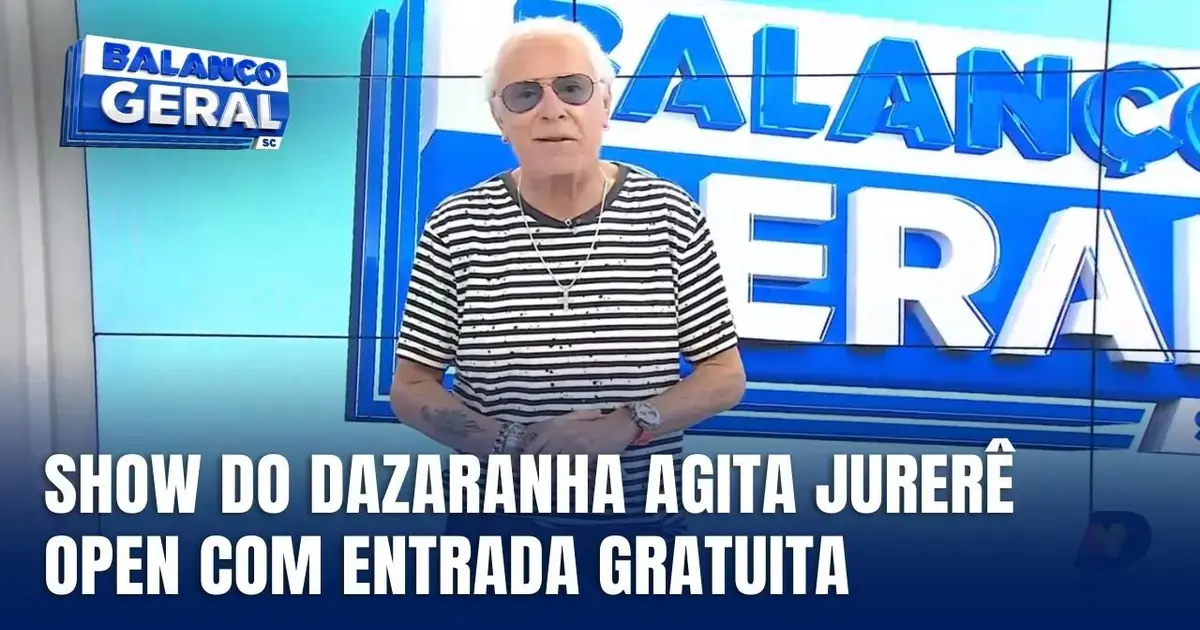 Apresentador em estúdio com fundo azul e letras brancas, anunciando show gratuito do Dazaranha em Jurere Open.
