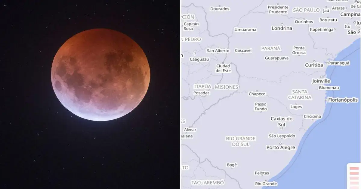 Lua eclipsada em tom avermelhado ao lado de um mapa de Santa Catarina, destacando cidades e regiões.