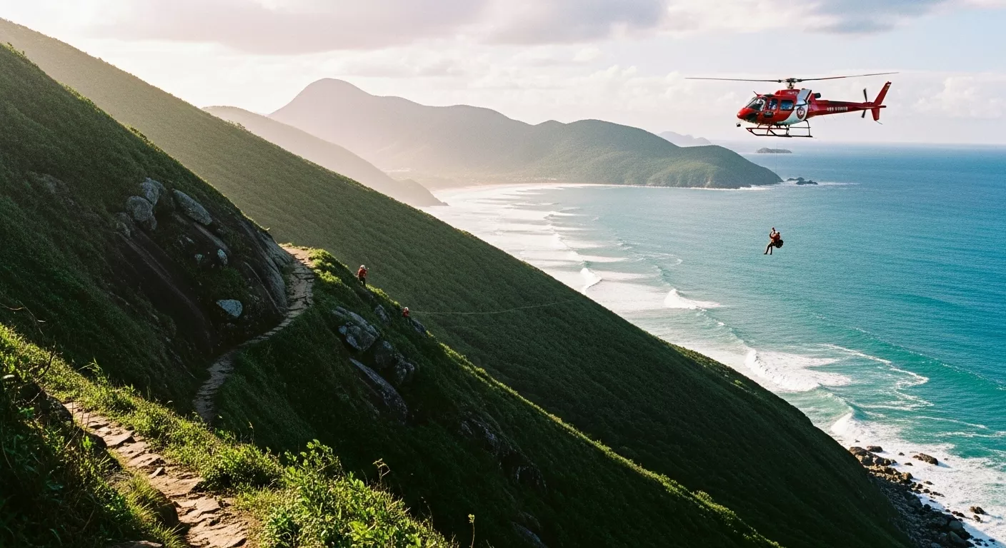 Helicóptero resgatando pessoa na trilha do Matadeiro, com vista para o mar e montanhas ao fundo.