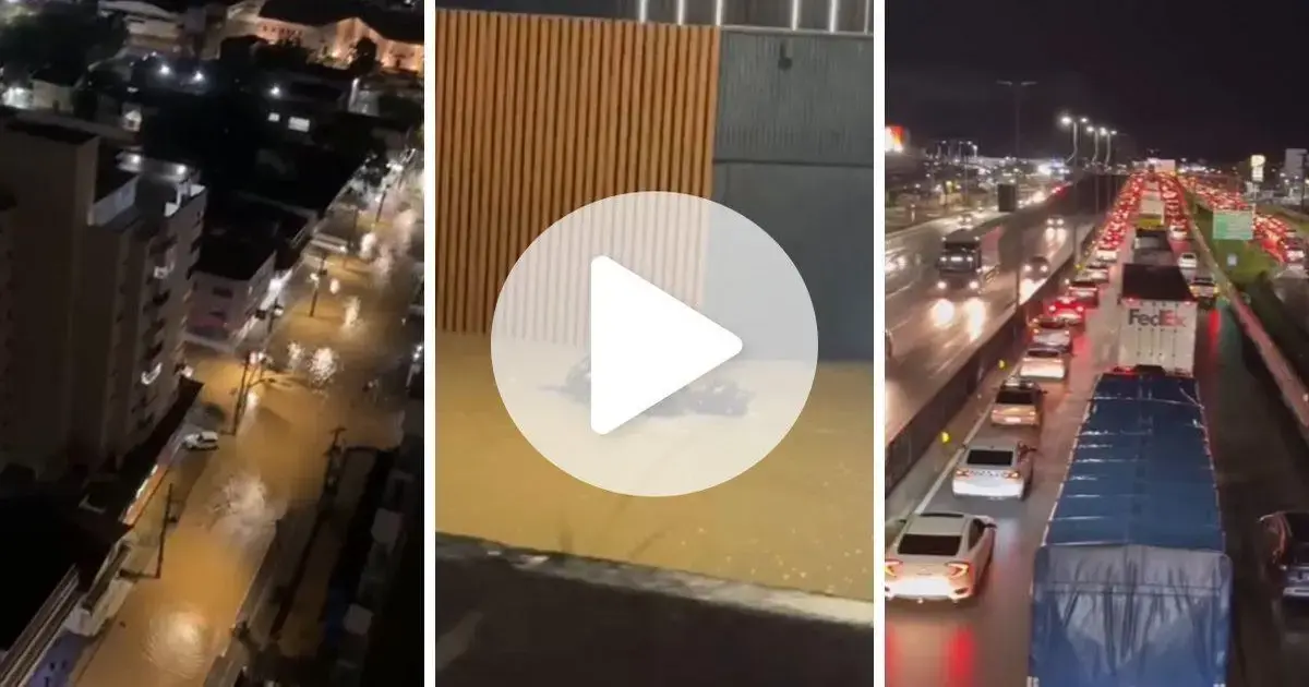 Cenas de alagamentos em ruas da Grande Florianópolis, com carros parados e água acumulada nas vias.