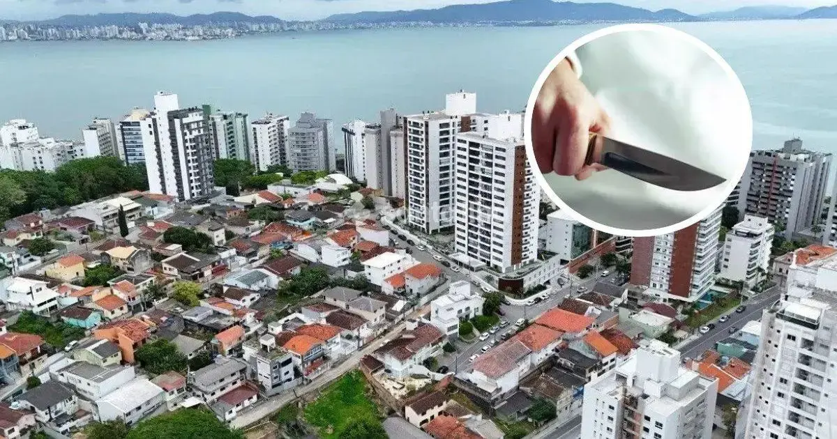 Vista aérea de Florianópolis com prédios e casas, inseto mostra uma mão segurando uma faca.