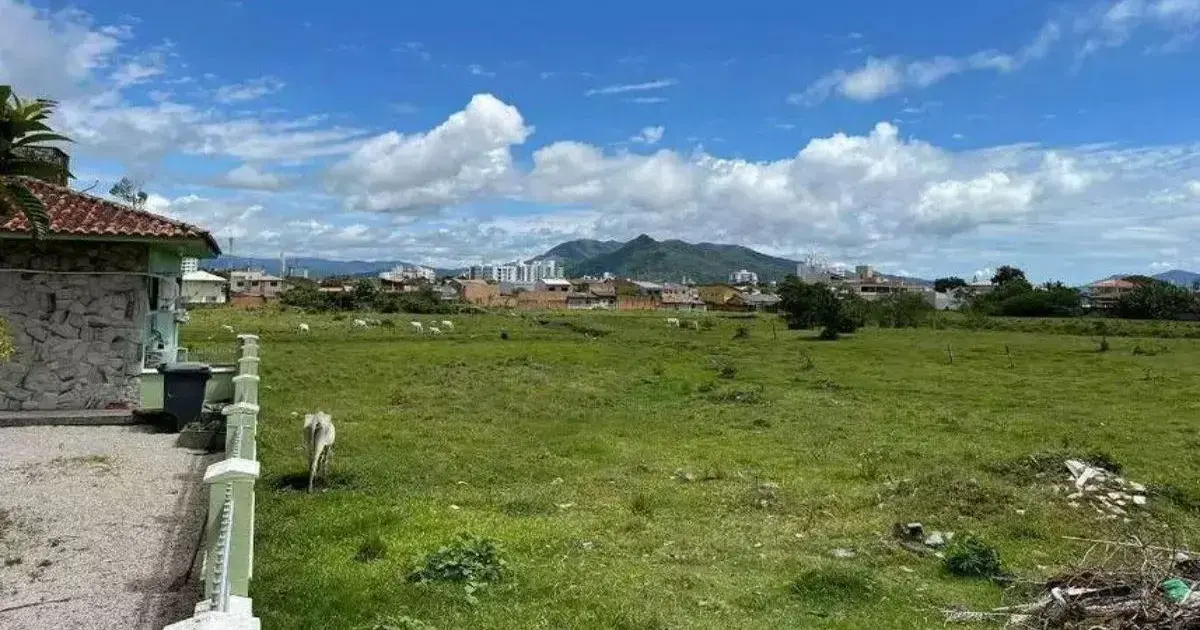 Terreno amplo com vegetação, céu azul e montanhas ao fundo em Biguaçu, Grande Florianópolis.