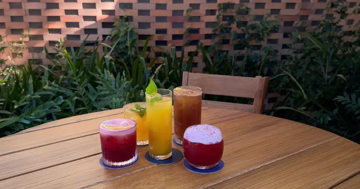 Quatro drinks coloridos sem álcool sobre mesa de madeira, com plantas ao fundo.