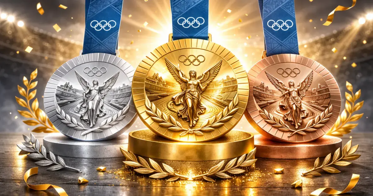 Três medalhas olímpicas em ouro, prata e bronze, com detalhes de lauréis e fundo brilhante.