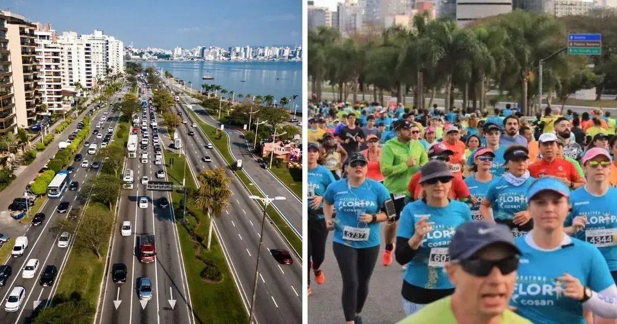 Vista aérea da Beira-Mar Norte com tráfego intenso e corredores em evento esportivo na calçada.