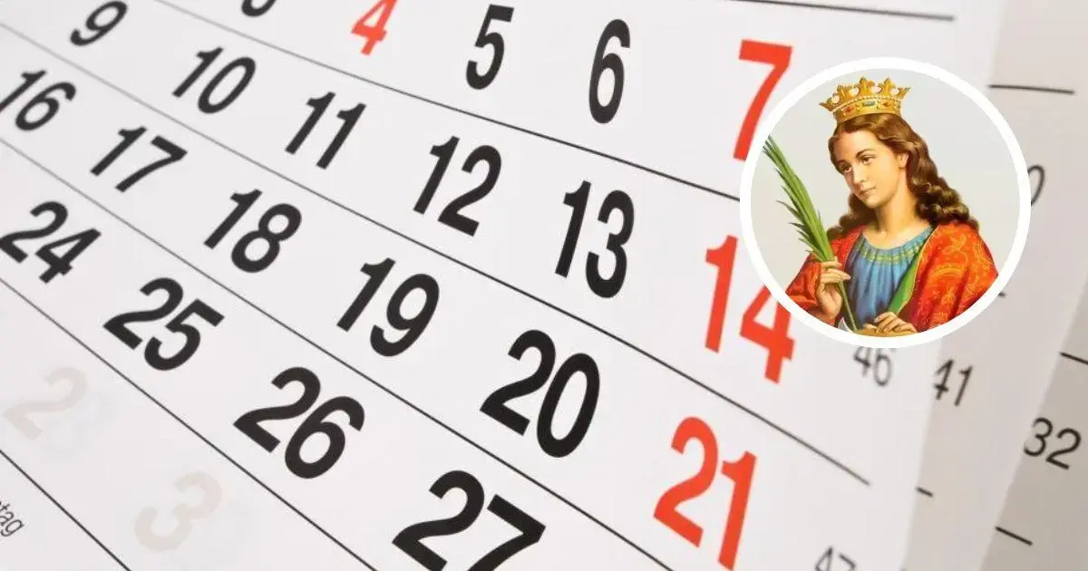Calendário com datas destacadas e imagem de uma santa com coroa e palma.