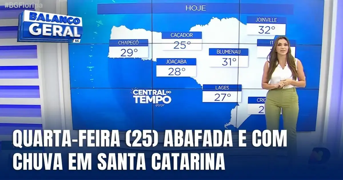 Mulher apresentando previsão do tempo em Santa Catarina, com mapa e temperaturas de várias cidades.