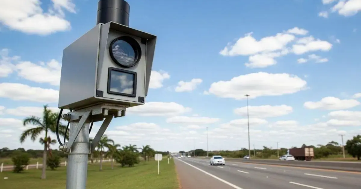 Radar de velocidade instalado em rodovia, com céu azul e nuvens ao fundo, veículos passando pela estrada.