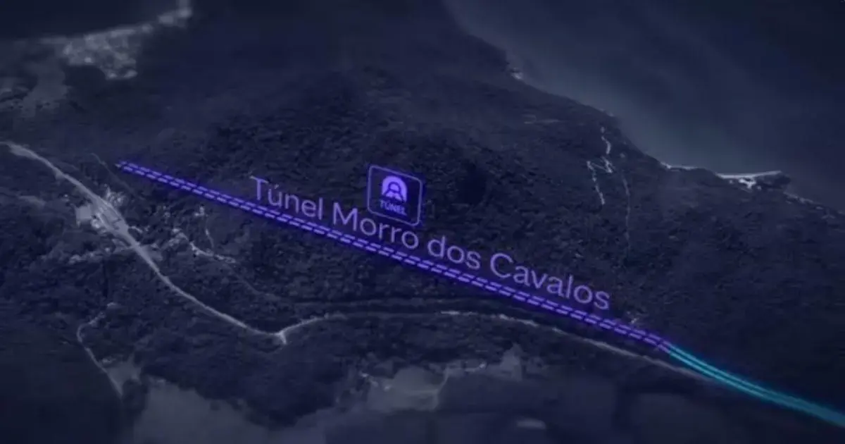 Mapa ilustrativo do Túnel Morro dos Cavalos, destacando a Via Costeira em azul.