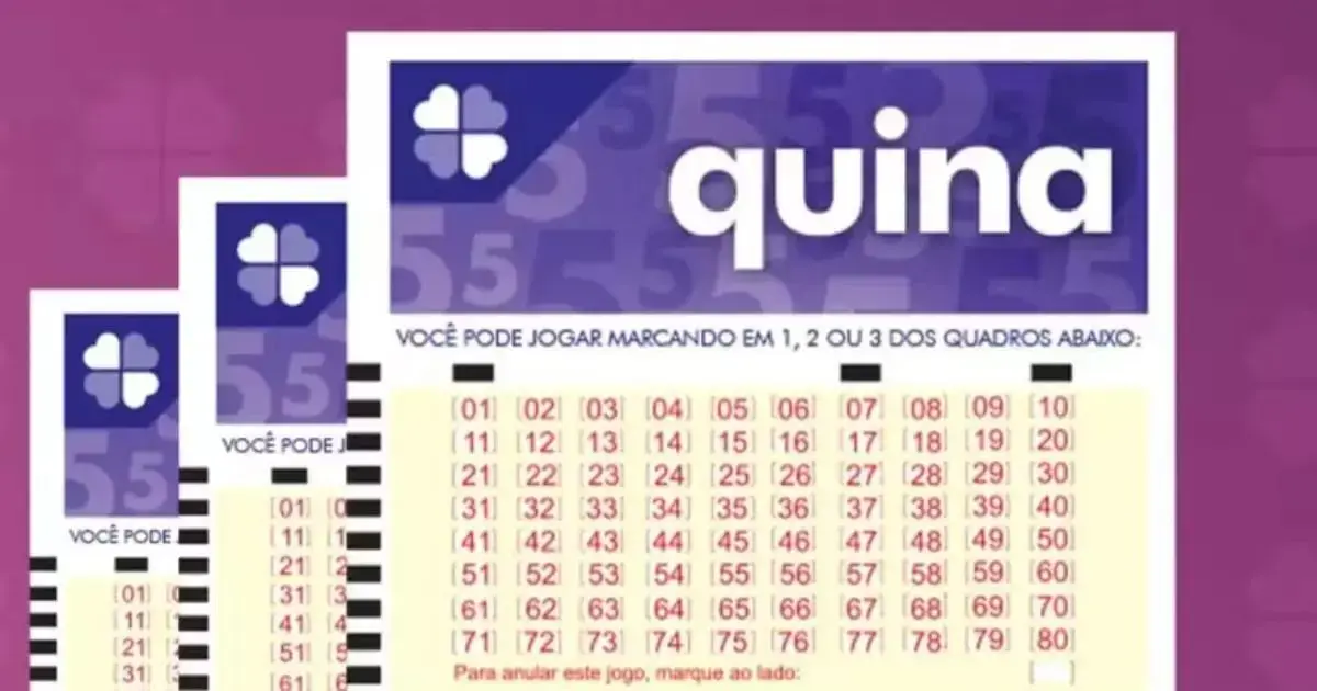 Bilhetes da Quina com números destacados, fundo roxo e logo da loteria em destaque.