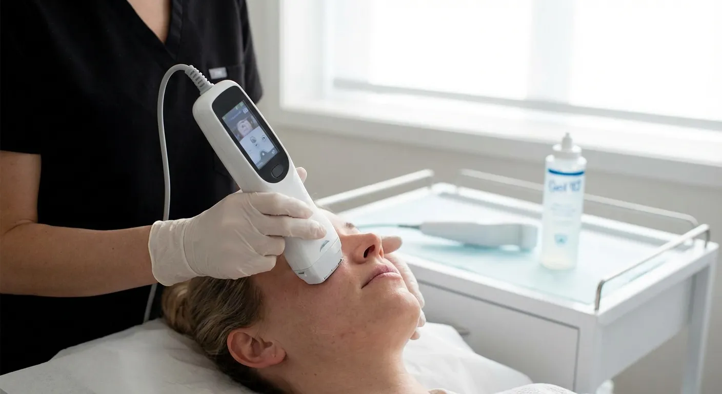 Profissional aplicando ultrassom microfocado no rosto de uma mulher em ambiente clínico.