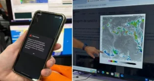 Notificação de alerta severo da Defesa Civil exibida em smartphone, ao lado de tela mostrando imagem de satélite.