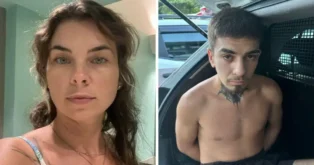 Retrato dividido de duas pessoas: uma mulher com cabelo solto e rosto sério, e um homem sem camisa, com tatuagens, sentado em uma viatura.