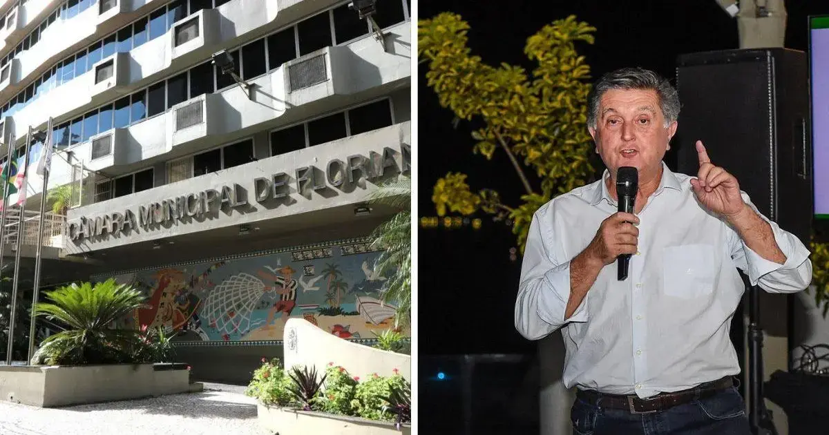 Câmara Municipal de Florianópolis, com painel decorativo e vegetação, e uma pessoa com microfone em evento.