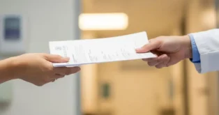 Mão recebendo um documento de um profissional de saúde em um ambiente hospitalar.