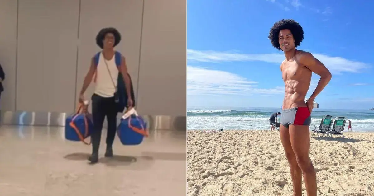 Dois momentos de uma pessoa: uma no aeroporto, sorrindo com malas azuis, e outra na praia, posando em trajes de banho.