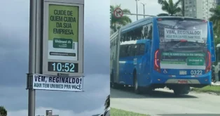 Faixas publicitárias em ônibus e painel digital destacam a campanha da Unimed com a frase "Vem, Reginaldo!".