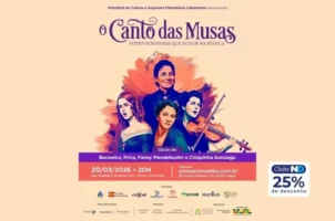 Pôster do evento "O Canto das Musas", exibindo compositoras e informações sobre o concerto em Florianópolis.
