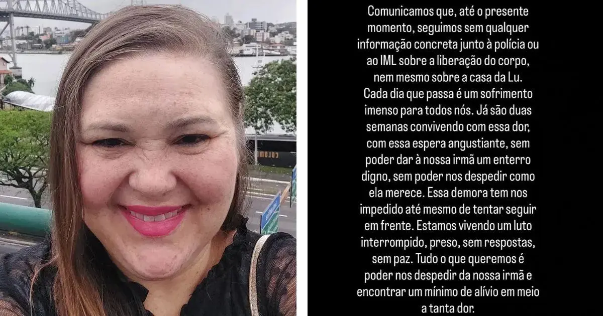 Selfie de uma mulher com sorriso, em área urbana com vista para um rio e prédios ao fundo. Texto à direita descreve uma situação difícil.