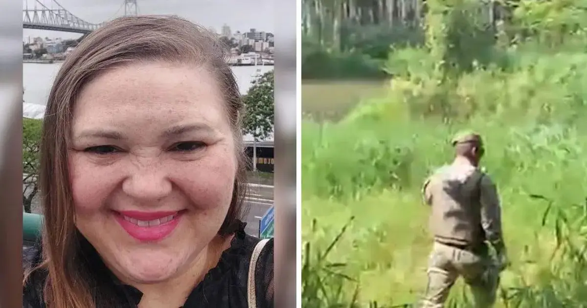 Sorriso de mulher em primeiro plano, ao fundo uma cidade com um rio e, à direita, homem de uniforme em área verde, investigando.