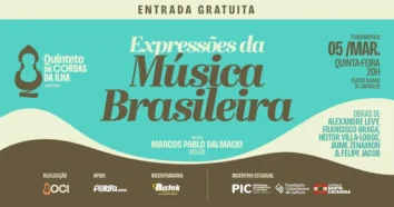 Banner do evento "Expressões da Música Brasileira", com informações sobre data, horário e local, destacando a entrada gratuita.