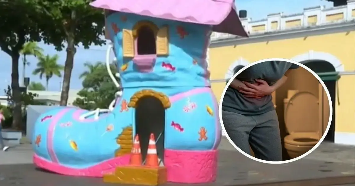 Decoração de Páscoa em formato de bota colorida com cone de trânsito na entrada, em ambiente externo.