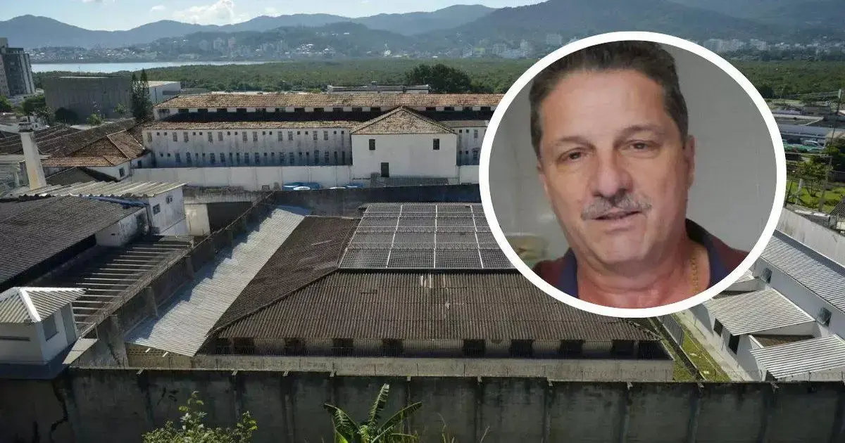 Imagem aérea de uma penitenciária com cercas, telhados e montanhas ao fundo; retrato de um homem inserido em círculo.