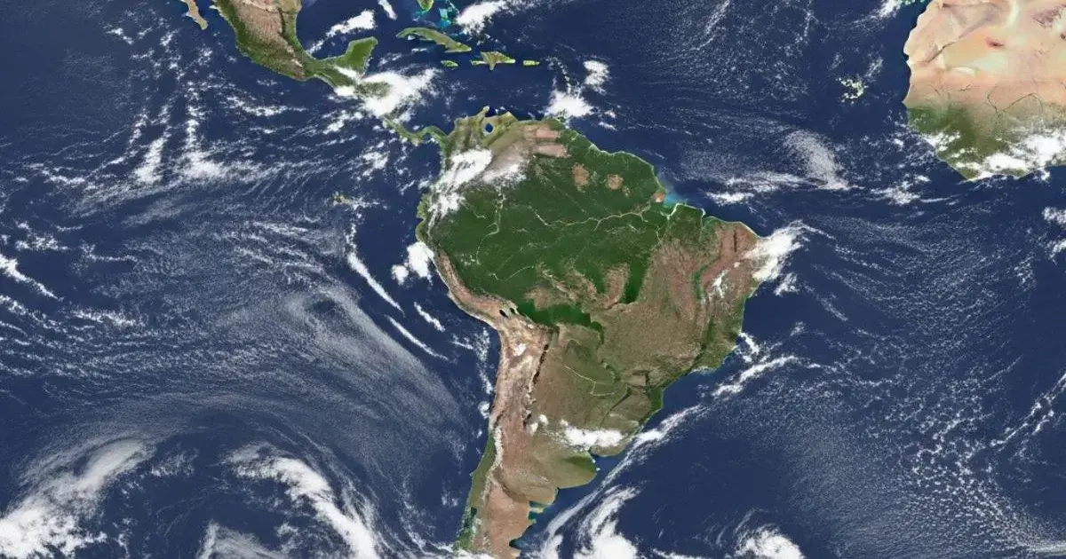 Mapa satelital da América do Sul, mostrando a vegetação e os corpos de água ao redor do continente.