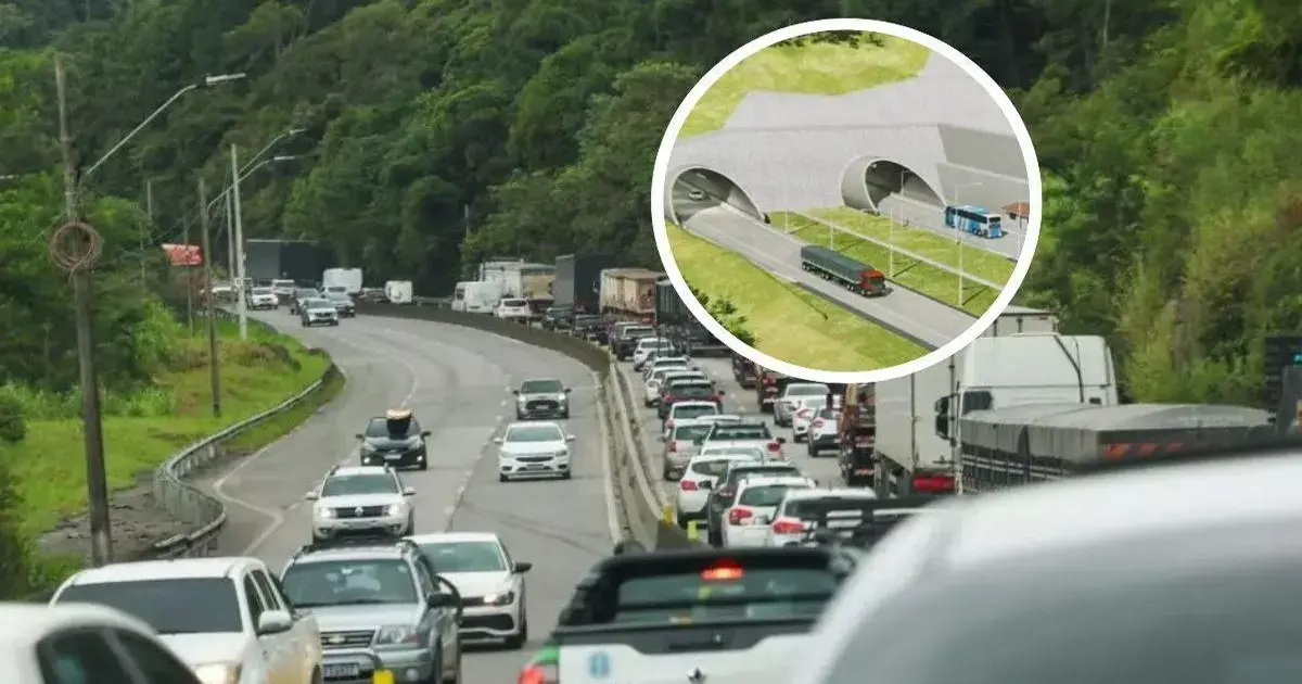 Tráfego intenso na BR-101 com caminhões e carros, e uma projeção de túnel ao fundo.