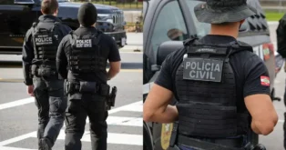 Policiais caminhando, um com colete do Secret Service e outro com colete da Polícia Civil.
