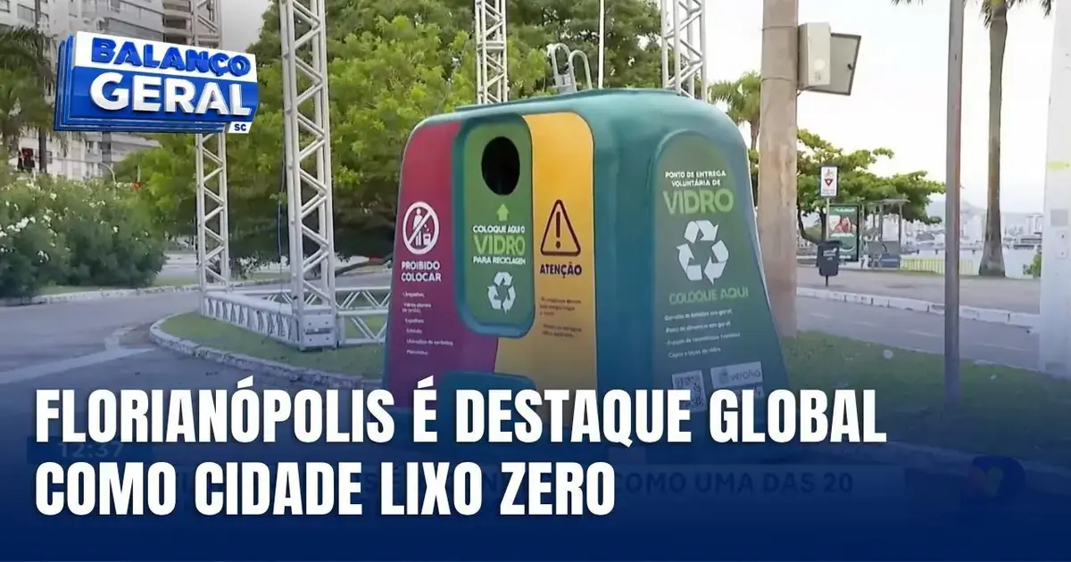 Ponto de entrega voluntária de vidro com informações de reciclagem em Florianópolis.