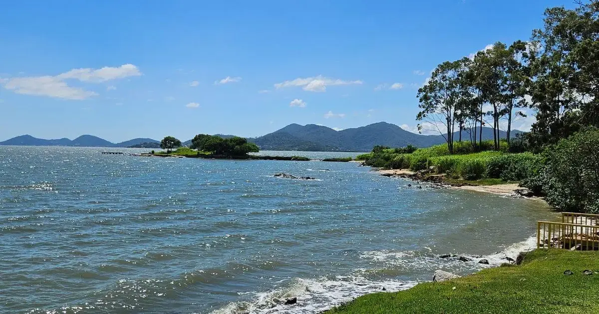 Vista da costa com água, ilhas ao fundo e vegetação nas margens. Céu azul com poucas nuvens.